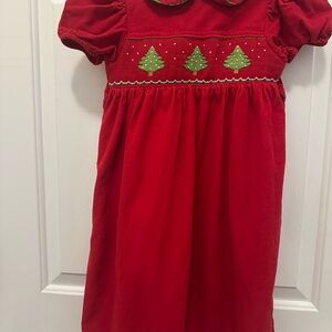 Red Holiday Dress with Green Tree Embroidery